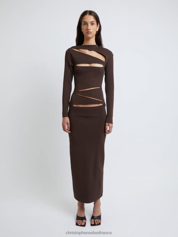 robe à manches longues en maille fendue 4680H44 acajou vêtements Christopher Esber